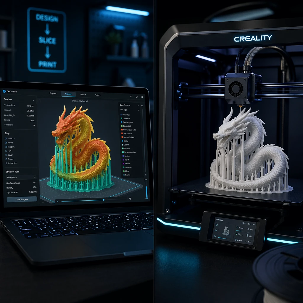 AI slicer software interface with 3D printer
