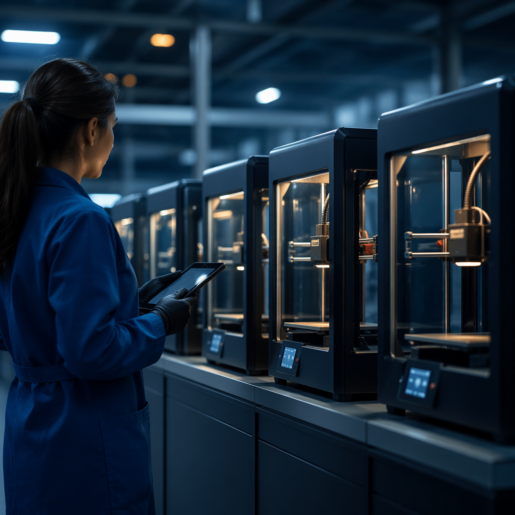 Quality control engineer inspecting 3D printers in manufacturing facility