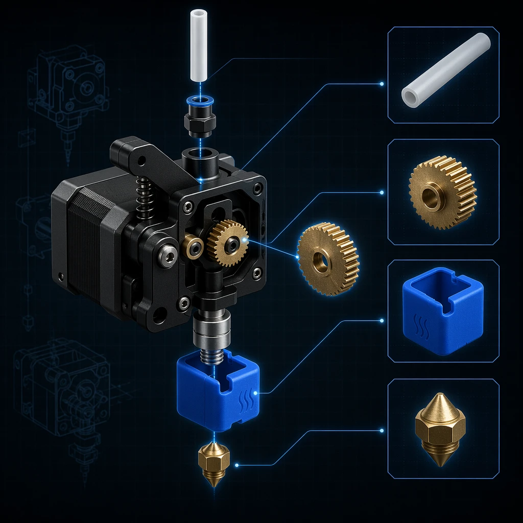 Exploded-view diagram of 3D printer extruder assembly showing replaceable parts
