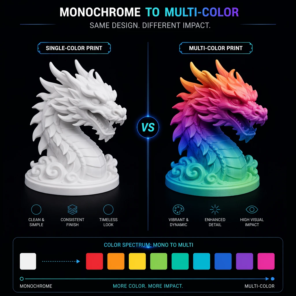 Visual comparison: single-color vs multi-color 3D printed objects