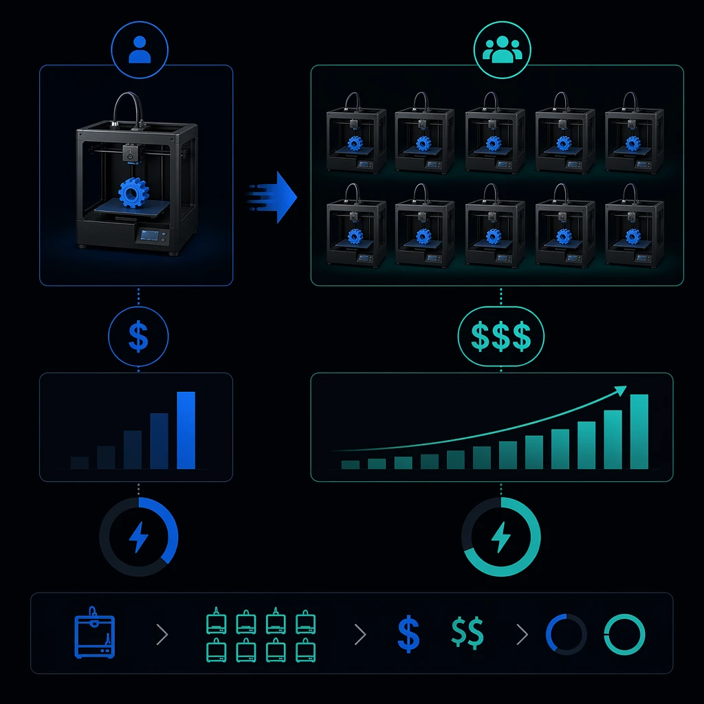 Visual comparison: single printer vs 10-printer farm economics